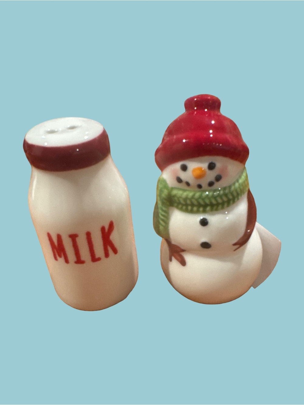 Holiday Snowman Salt & Pepper Shaker Set - Red Hat, Green Scarf